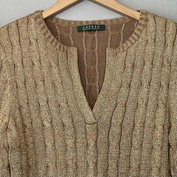LRL Ralph Lauren Cable Knit Sweater Size Small Gold Metallic Shimmer Holiday - Picture 3 of 8